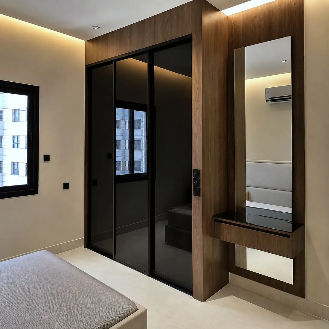 خزانة سحّاب زجاجية مع مرآة وتسريحة معلّقة