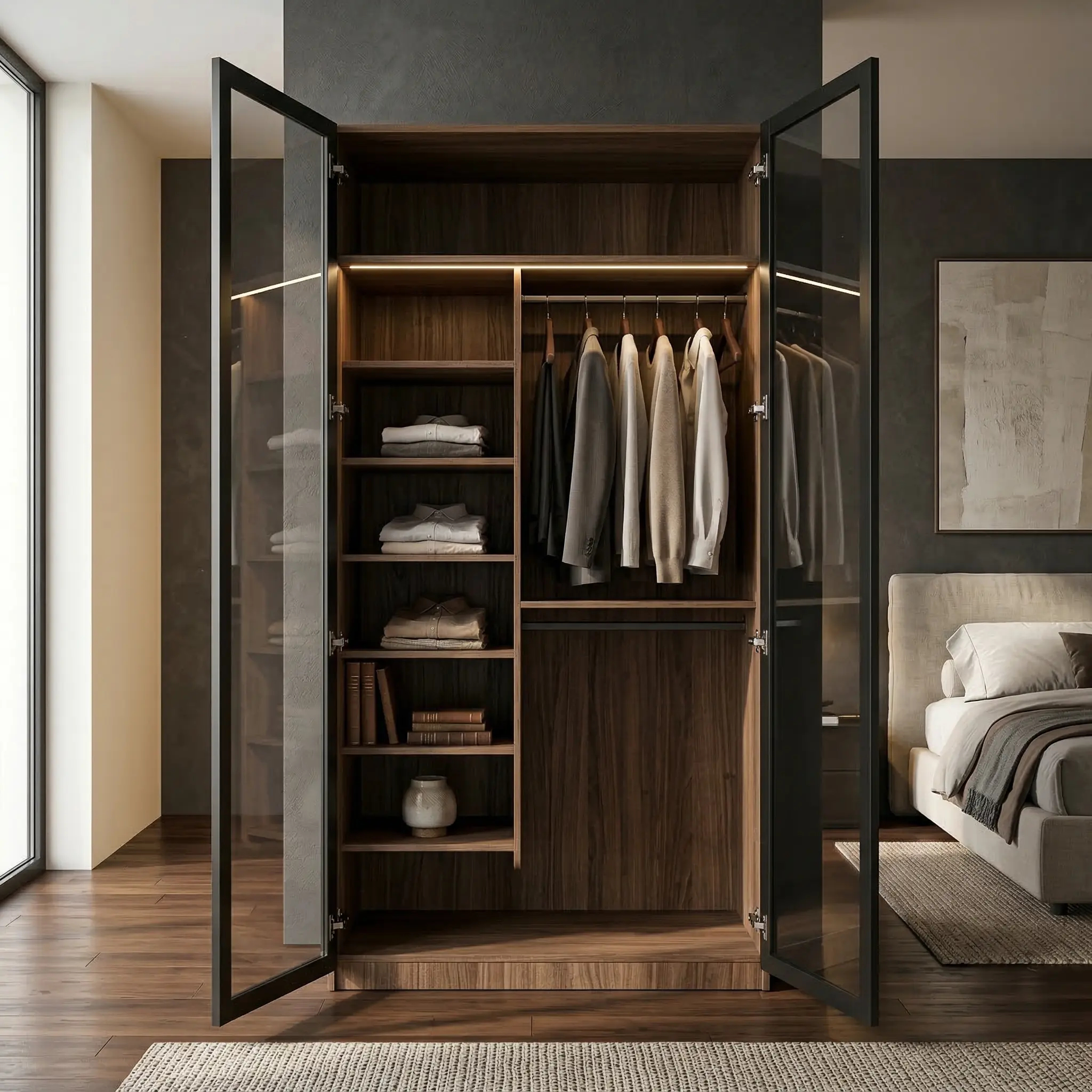 realistic_dark_wardrobe_open_1 خزانة ملابس مودرن عرض 120 سم – تصميم عملي يمكن دمجه مع وحدات أخرى - الصورة 1