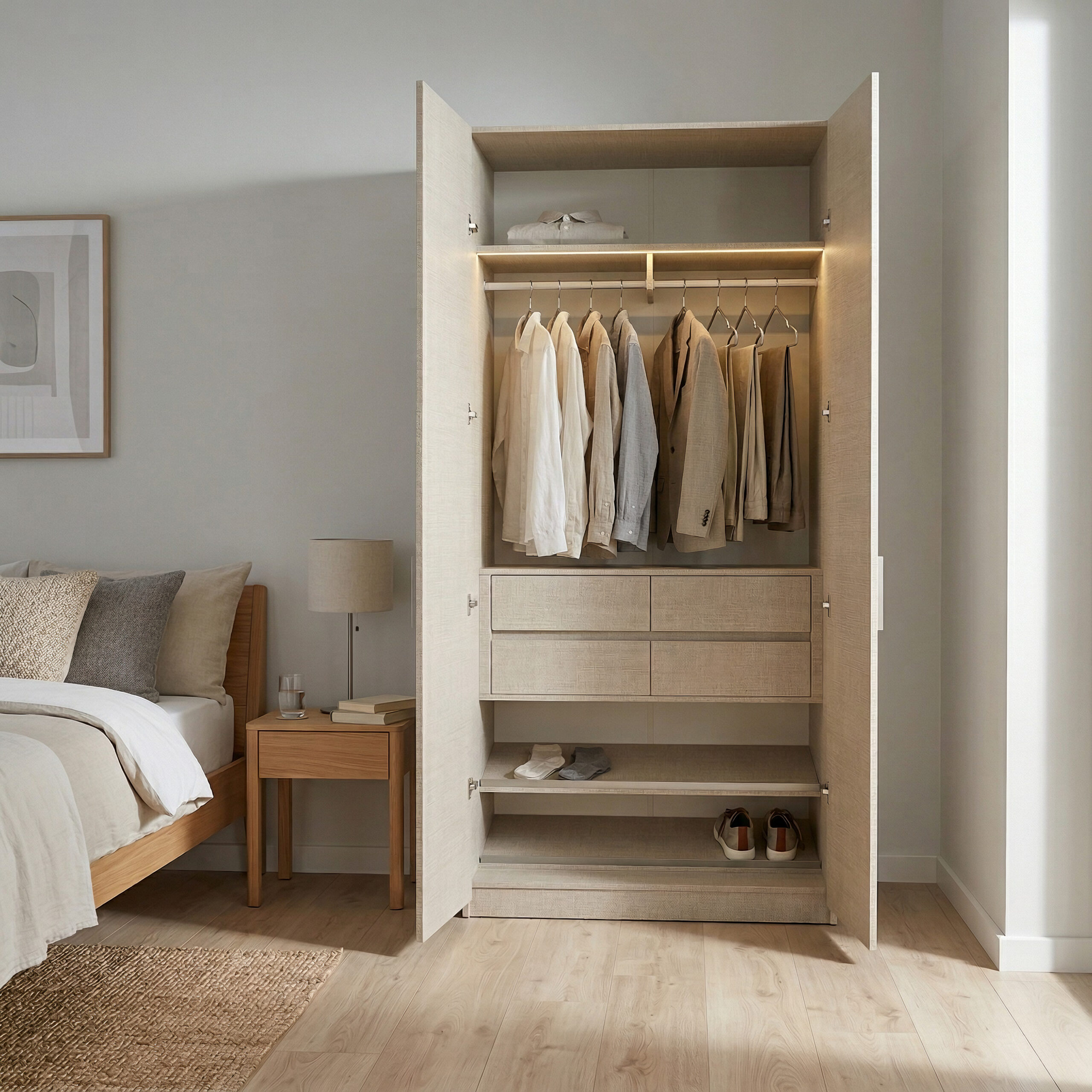 upscale_wardrobe_bedroom_scene_4_1 خزانة ملابس مودرن عرض 120 سم – تصميم عملي يمكن دمجه مع وحدات أخرى - الصورة 1