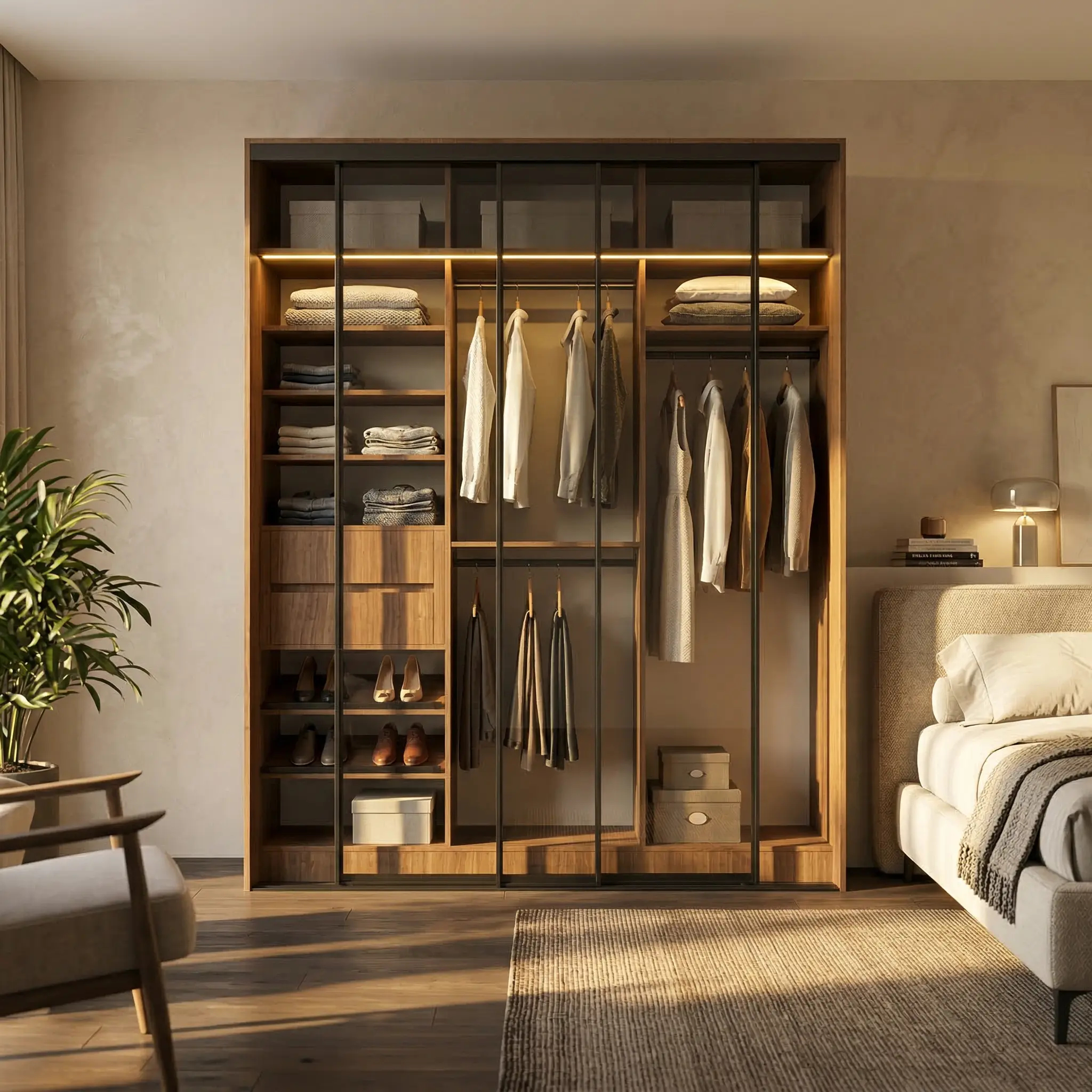 أثاث_مشهد_أمامي_إضاءة_صفراء_1 خزانة ملابس منزلقة فاخرة بعرض 218 سم مع أدراج ورفوف وتنظيم أحترافي – الخزائن الأمثل - الصورة 1