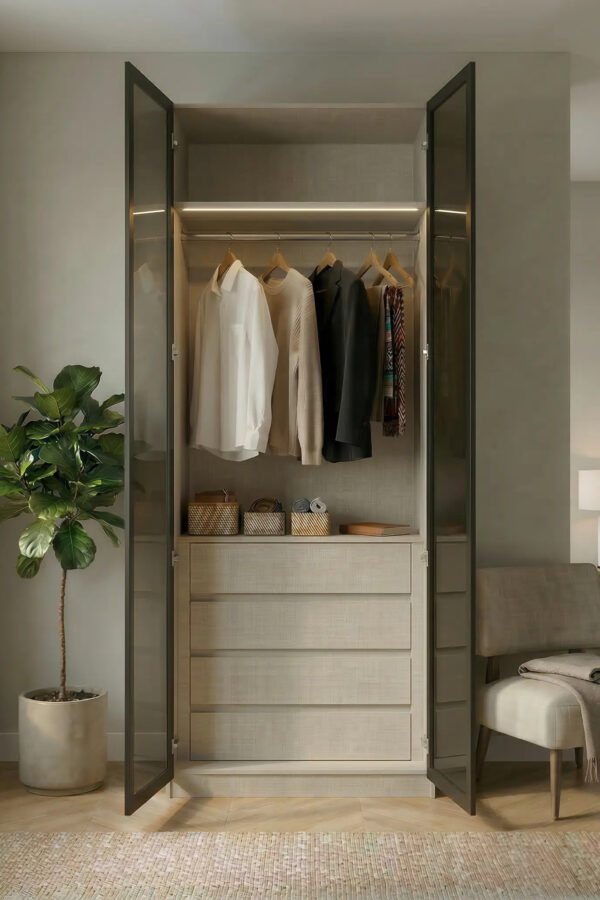 خزانة ملابس عرض 90سم بأبواب مفصلية حديثة مع أدراج تخزين ورف تعليق.