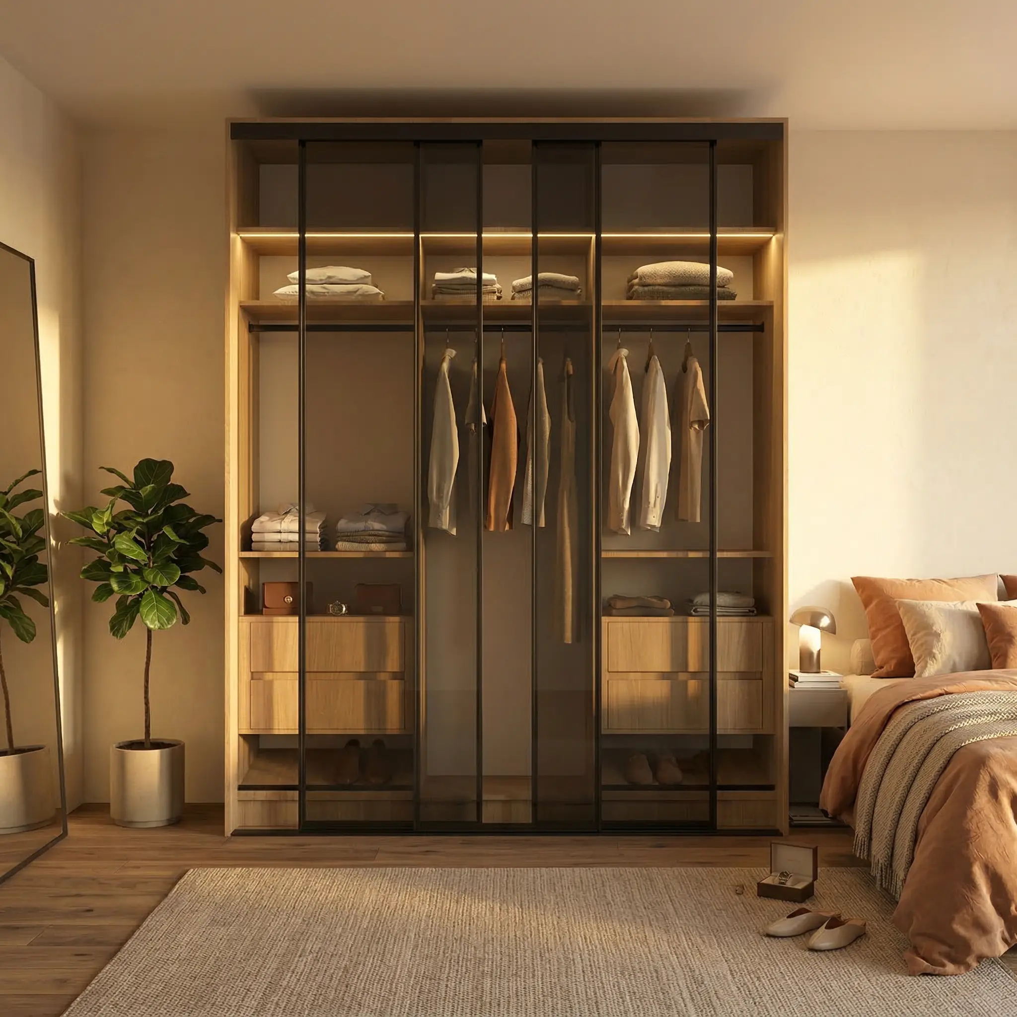 غرفة_نوم_شمس_شارقة_واقعية_1 خزانة ملابس منزلقة بعرض 218 سم بتنظيم احترافي لغرفة نومك – الخزائن الأمثل - الصورة 1