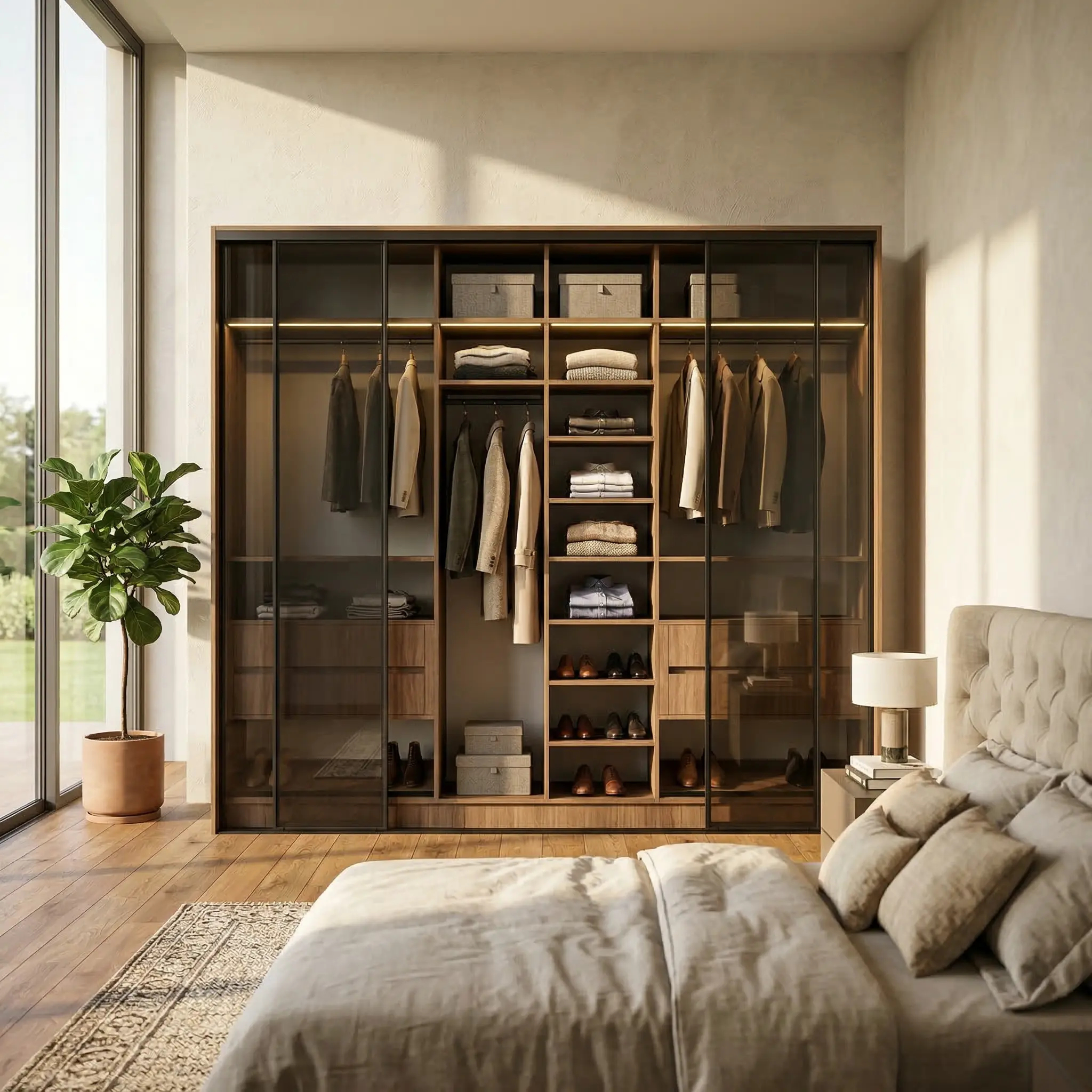 غرفة_نوم_واقعية_خزانة_280_1 خزانة ملابس عرض 281,6 سم بأبواب سحاب زجاجية أو خشبية – نظام تنظيم متكامل - الصورة 1