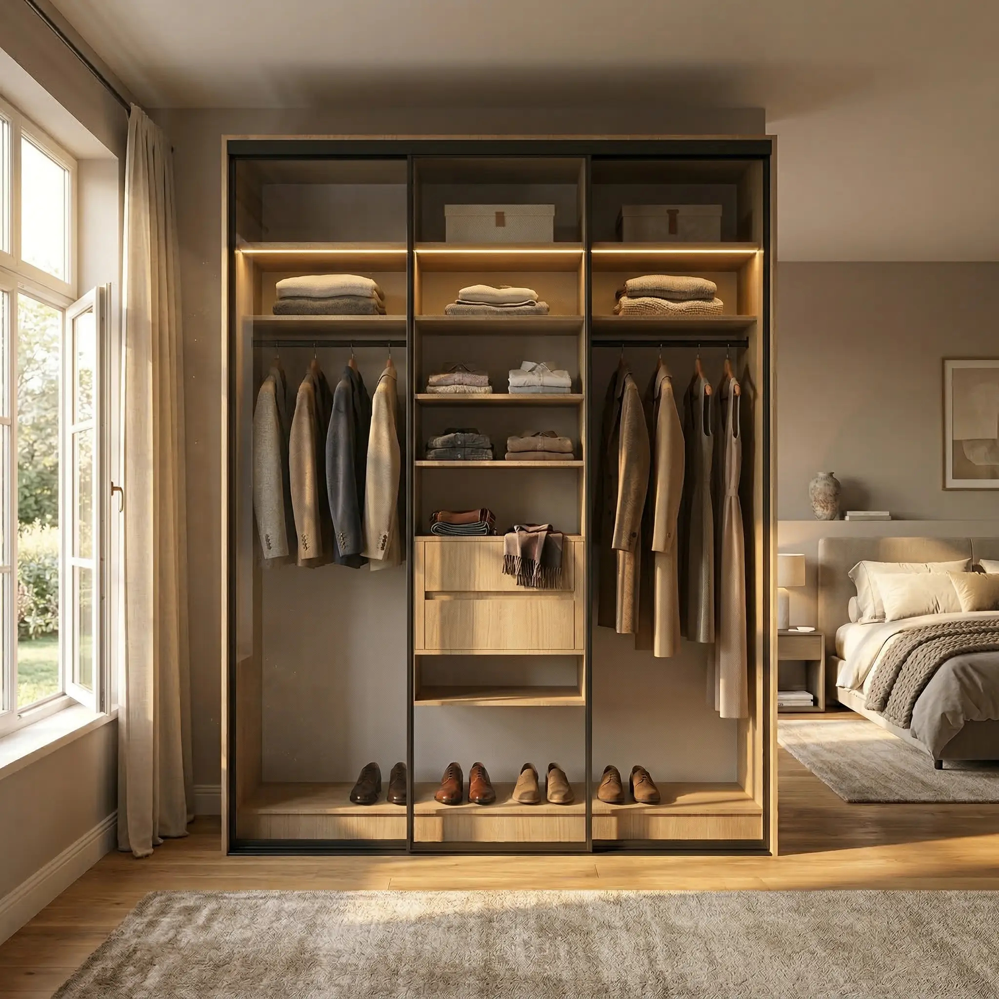 غرفة_نوم_واقعية_مربعة_1 خزانة ملابس منزلقة بعرض 218 سم بتنظيم عملي حقيقي لغرفة نومك – الخزائن الأمثل - الصورة 1
