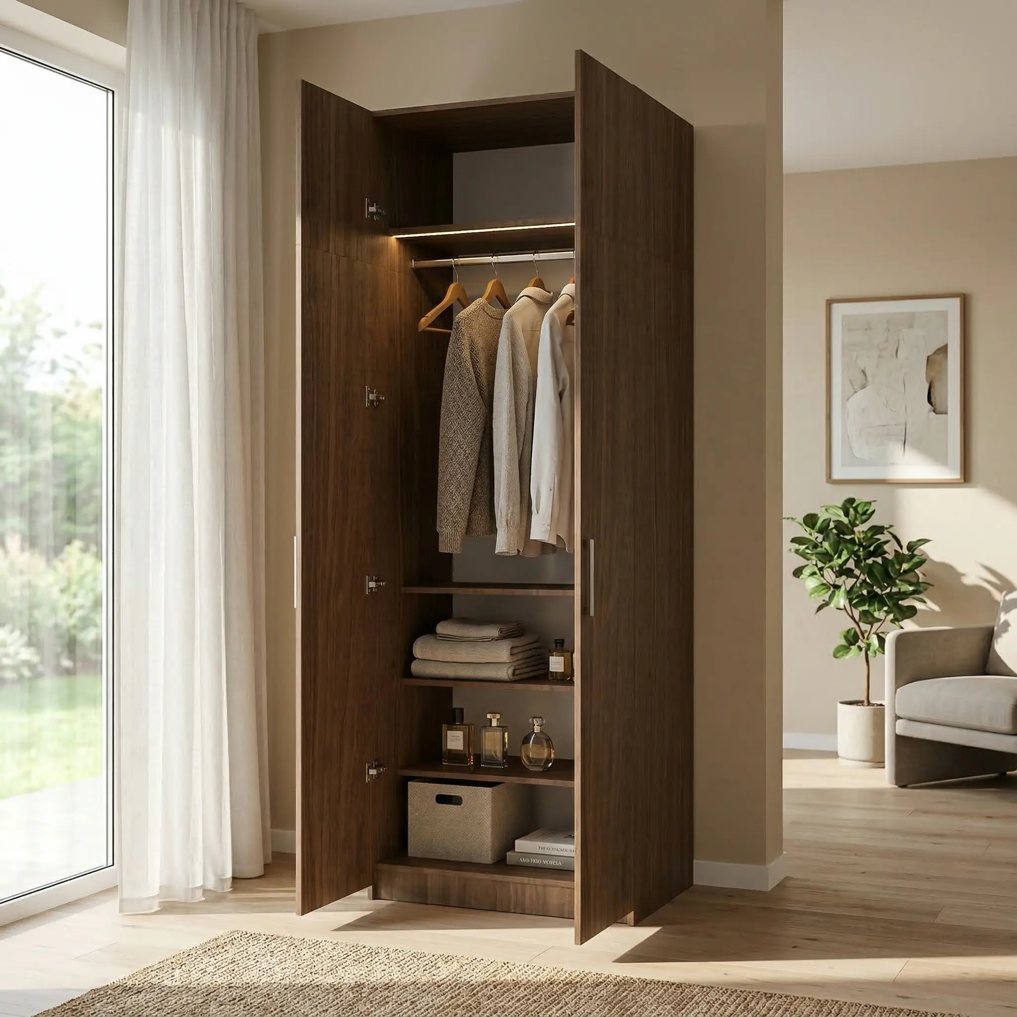 مشهد_واقعي_داخل_غرفة_1 خزانة ملابس مودرن عرض 90 سم – تصميم عملي يمكن دمجه مع وحدات أخرى - الصورة 1